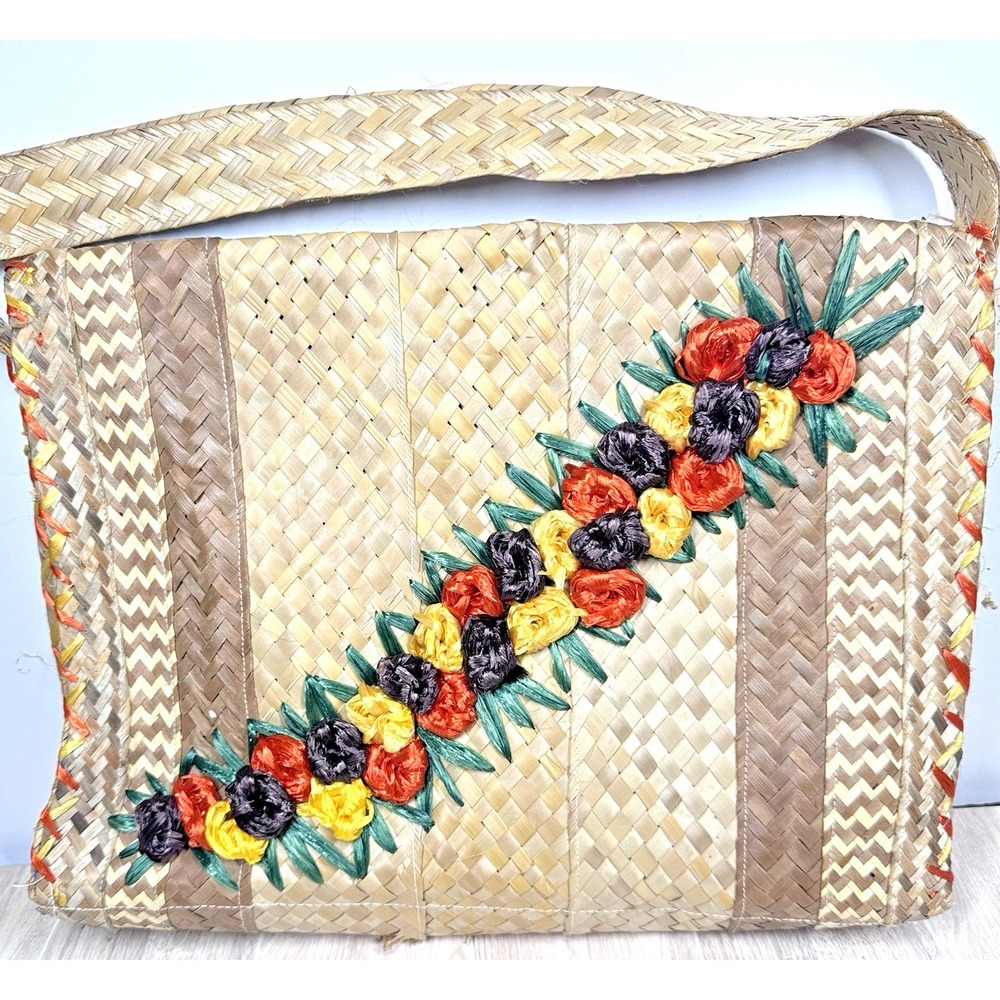 Vintage Woven Straw Raffia Purse Floral Embroidery Boho Tote Bag 13x10 READ - Picture 4 of 13